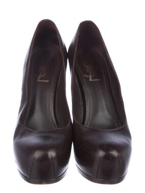Yves Saint Laurent Dark Brown Leather Round-Toe Pumps 4.25 high.